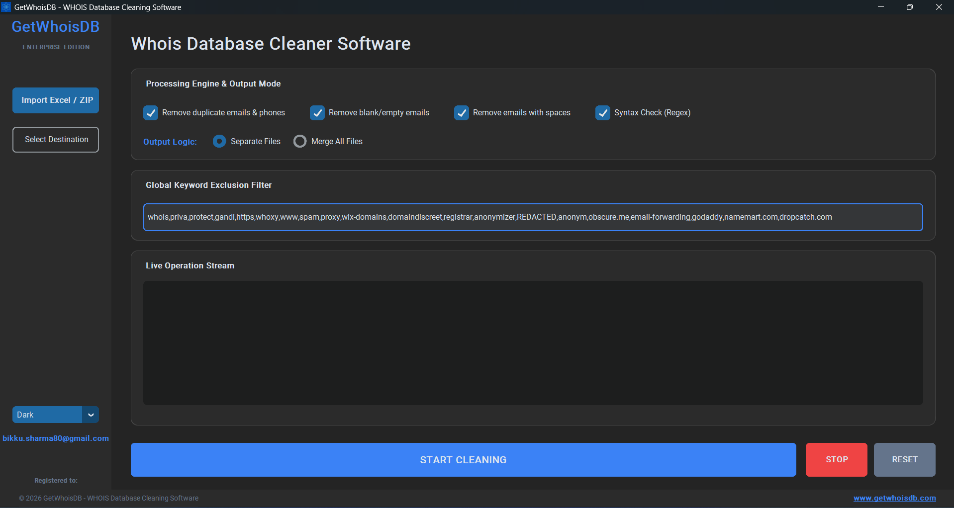 Whois-Data WHOIS Database Cleaner Pro Interface